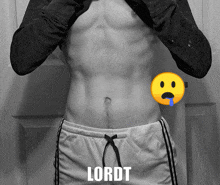 a black and white photo of a man 's torso with the word lordt written on the bottom
