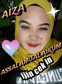 a woman wearing a yellow hijab says " assalamualaikum " on the bottom