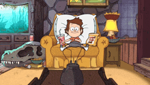 a cartoon of a boy sitting in a chair with a bag of chips on his lap