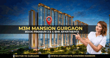 a woman is pointing at a large building with the words m3m mansion gurgaon book premium 3 & 4 bhk apartments