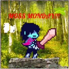 a pixel art of a girl holding a sword with the words moss monday written above her