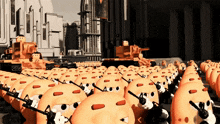 a bunch of cartoon characters are holding guns in front of buildings