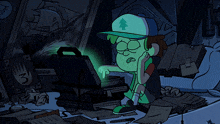 a cartoon character wearing a hat with a pine tree on it is looking at a laptop