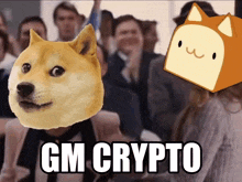a picture of a doge with the words gm crypto behind it