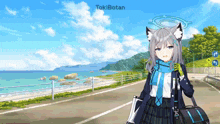 a girl in a school uniform is standing on a road with tokibotan written on the bottom