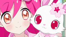 a girl with pink hair is standing next to a white rabbit with a flower on its head