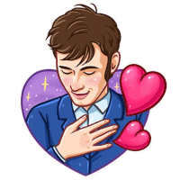 a cartoon of a man with his hand on his chest and two hearts behind him