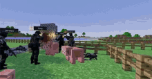 a group of people are standing in a field with pigs in a minecraft video game .