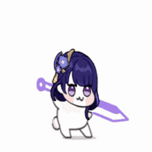 a cartoon character with purple hair and a flower in her hair is pointing to her face .