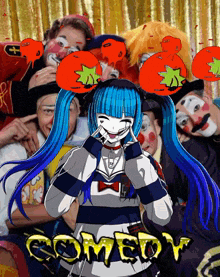 a group of clowns are posing for a picture and the word comedy is on the bottom right