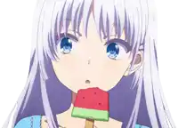 a girl with white hair and blue eyes is eating a watermelon slice on a stick