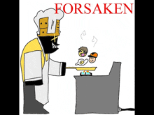 a cartoon drawing of a man cooking with the word forsaken on the bottom