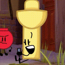 a yellow object with a face and arms is standing next to a red object with an angry face .