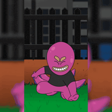 a cartoon drawing of a pink monster crawling in the grass next to a black fence