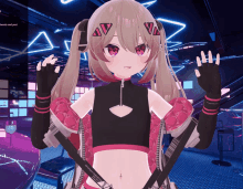 a girl in a pink and black outfit is standing in front of a neon sign that says ' tweets and post '