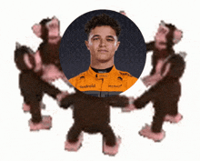 a man in a yellow jacket with the word android on it is surrounded by monkeys