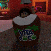 a cartoon character in a coconut with vita coco on it