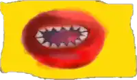 a cartoon drawing of a red mouth with teeth and a yellow background