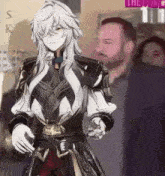 a woman with long white hair is standing in front of a group of people in armor .