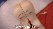 a couple of sausages laying on a bed with their eyes closed and the words awww babe !