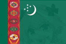 a girl is standing in front of a green and red flag with a crescent moon and stars .