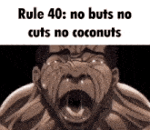 rule 40 : no buts no cuts no coconuts is written on a picture of a man with his mouth open