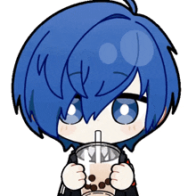 a cartoon character with blue hair is drinking from a cup