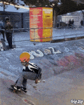 a person wearing a mask is riding a skateboard in front of a sign that says new york bank