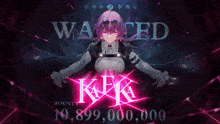 a wanted poster with a purple haired anime girl