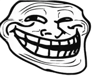 a black and white drawing of a troll face with big teeth
