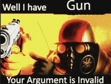 a man in a gas mask is holding a gun and pointing at the camera .