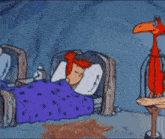a cartoon of flintstone holding a towel in front of a sleeping man and woman .