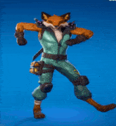 a fox in a green jumpsuit is holding a gun