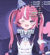 a girl with pink hair and a bow tie is smiling in front of a screen that says swarm fm