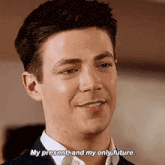 a man in a suit and white shirt is smiling and saying `` my present and my only future . ''