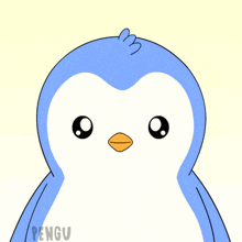 a drawing of a blue and white penguin with the word pengu on the bottom
