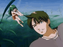 a man and a girl are standing in a field