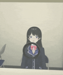 a girl with long black hair is looking at herself in the mirror