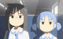two cartoon characters one with glasses and one with blue hair