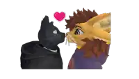 a black cat and a yellow fox kissing with a heart above them