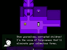 a purple room with a black and white image of a man with the words true on it