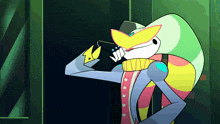 a cartoon character holding a gun with the letter v on the barrel