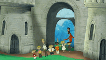 a group of children standing outside of a castle