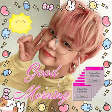 a good morning greeting card with a boy with pink hair and glasses