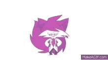 a cartoon character with glasses and a purple tail is standing next to another cartoon character .
