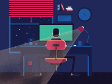 an illustration of a man sitting in front of a computer screen