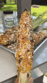 a person is holding a corn on the cob with a jar of cheese sauce in the background