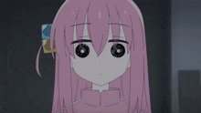 a close up of a pink haired anime character