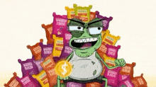 a cartoon character is holding a dollar sign in front of a pile of chips ..