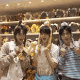 three young men are posing for a picture in front of a shelf full of stuffed animals ..